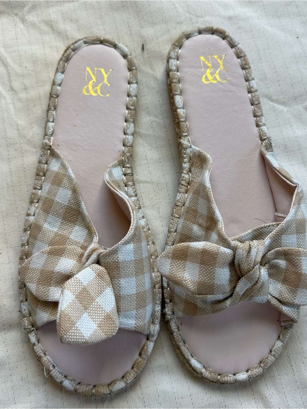 New York & Company Tan and White Gingham Knot Slide Sandals